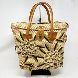 Vintage Tan and Green Floral Tote Bag